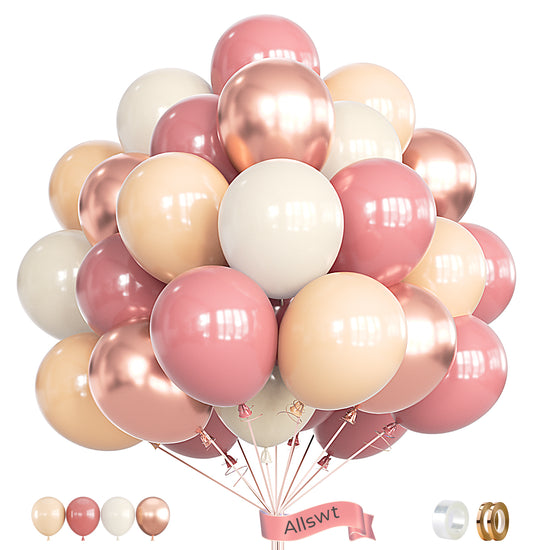 Allswt Retro Blush Pink Balloons,12 Inch 60pcs Rose Gold Balloons,Peach Dusty Pink Balloons for Birthday Baby Shower Graduation Wedding Mother's Day Party Decorations