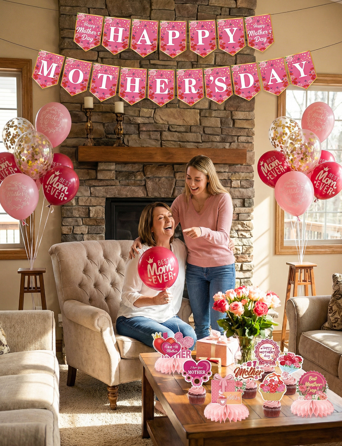 Mothers Day Decorations Set, Pink Happy Mothers Day Banner with Mom Printed Balloons, Cupcake Toppers and Honeycomb Centerpieces, All-in-1 Best Mom Party Supplies for Mother's Day Celebration