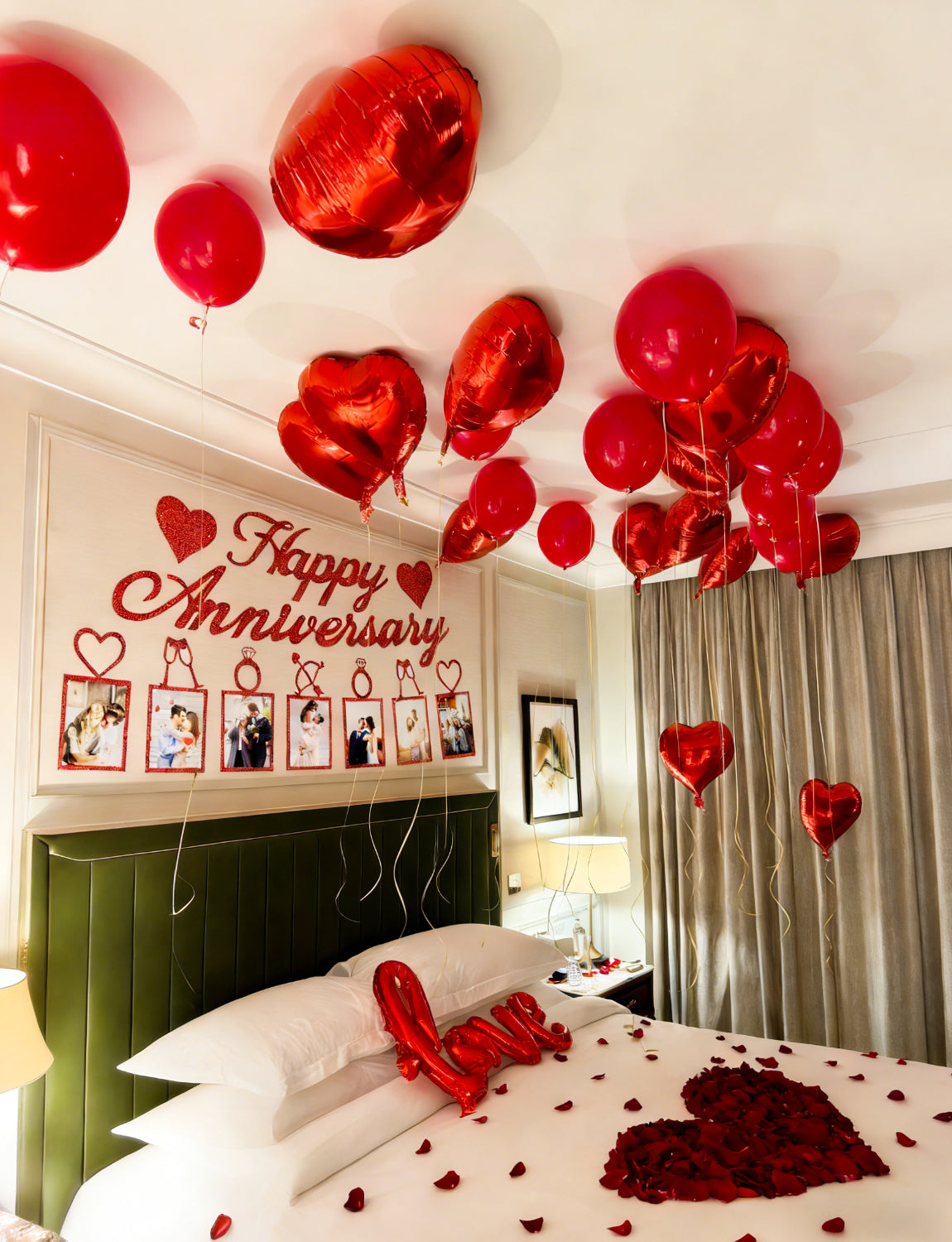 Happy Anniversary Decorations Set, Happy Anniversary Photo Banner, Love Balloon, Red Heart Balloons with Rose Petals, Romantic I Love You Balloons for Valentines Day, Anniversary,Wedding, Proposal