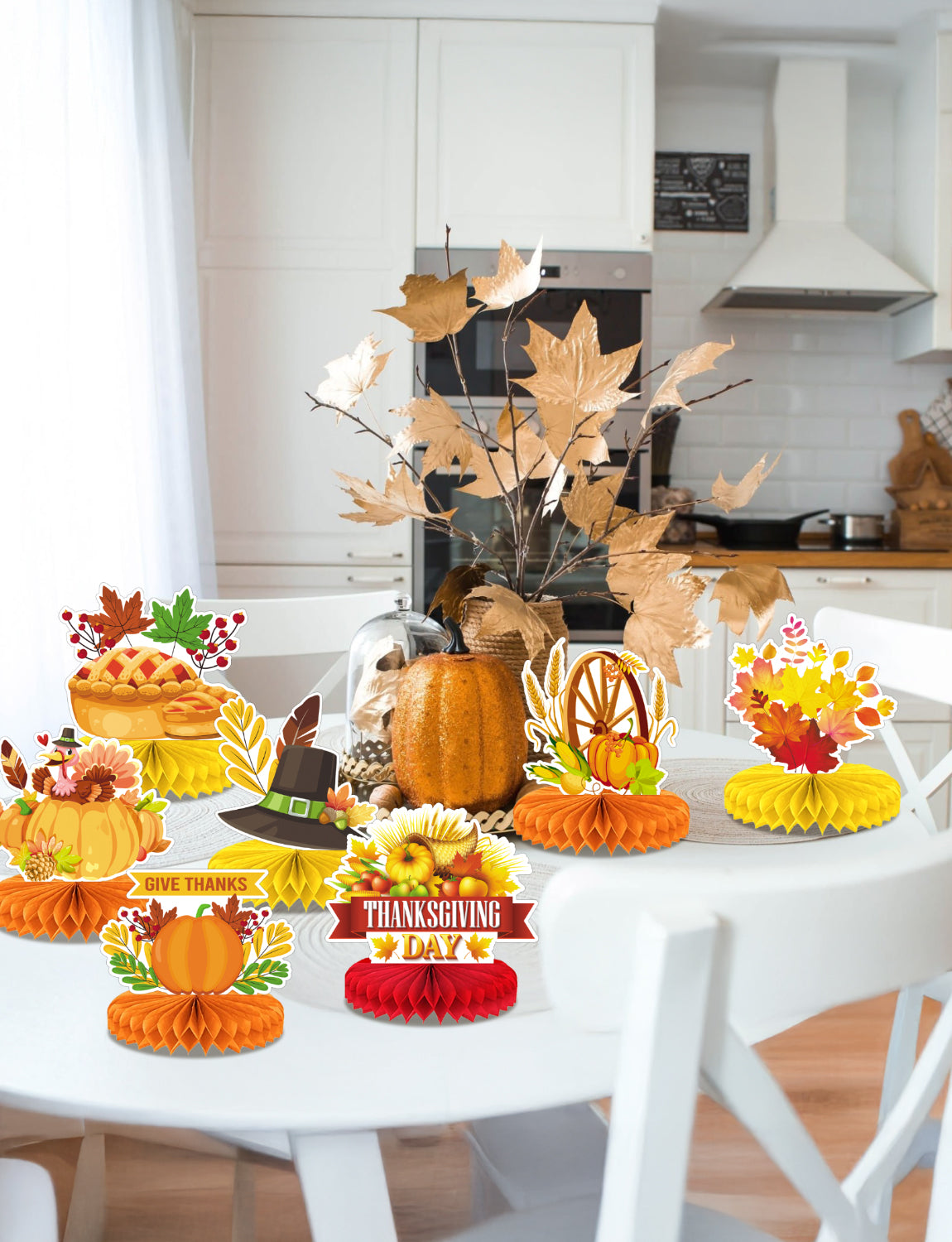 Thanksgiving Table Decorations - 9Pcs Fall Honeycomb Centerpieces for Tables with Pumpkins, Sunflowers, Scarecrow, Squirrel for Thanksgiving Dinner, Autumn Harvest Festival, Rustic Fall Party Decor