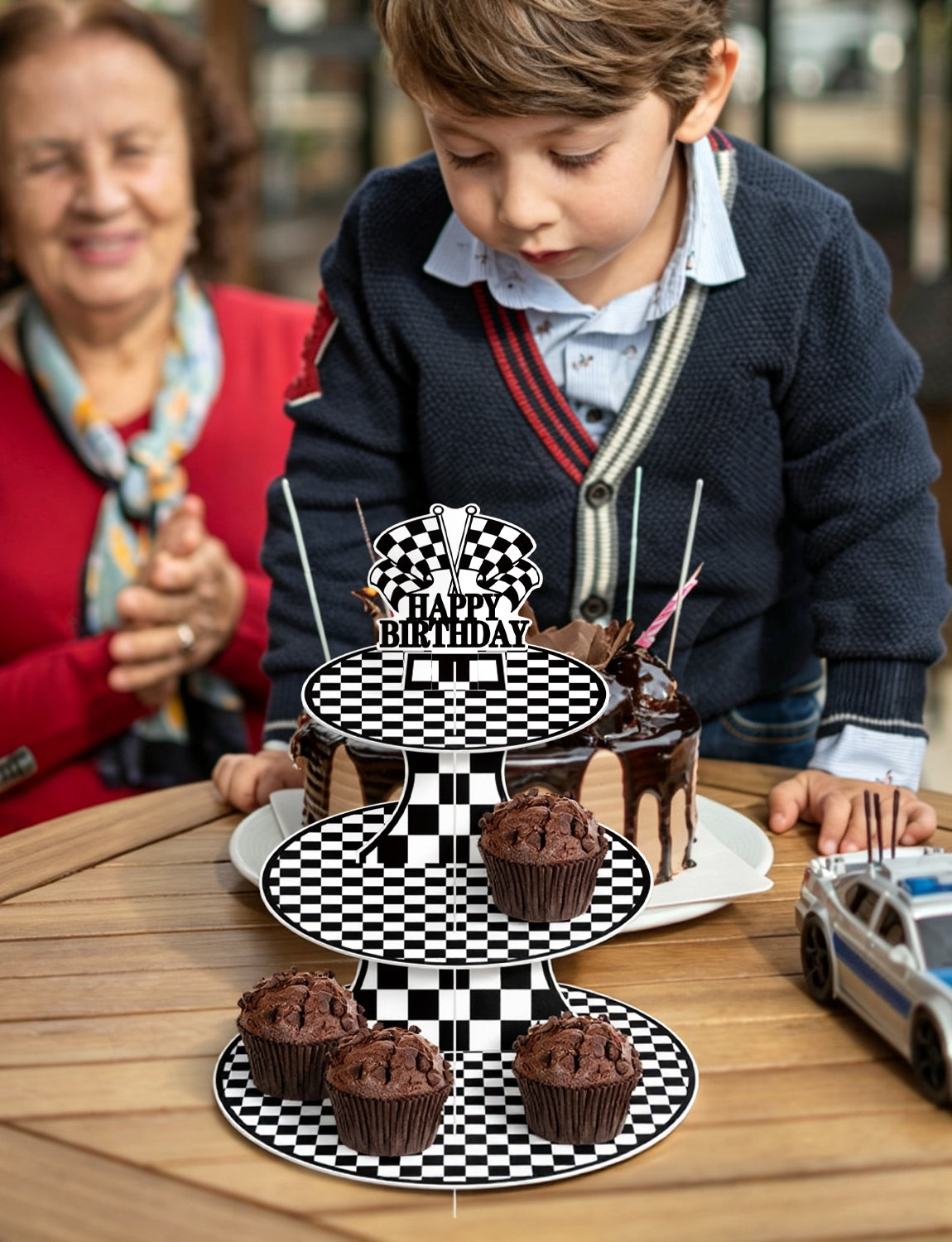 Race Car Cupcake Stand, 3-Tier Checkered Cake Stand for Birthday Large Cardboard Cupcake Stand, Black White Checkered Cupcake Holder for Dessert Table Display, Race Car Birthday Party Decor