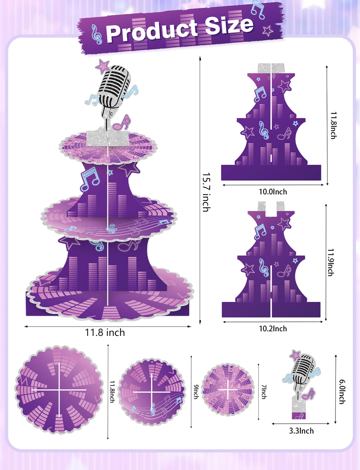 3 Tier Cupcake Stand, Purple Music CupCake Holder for Birthday Large Cardboard CupCake Stand, Music Cup Cake Tower Stand for Dessert Table Displays, Music Birthday Party Decorations