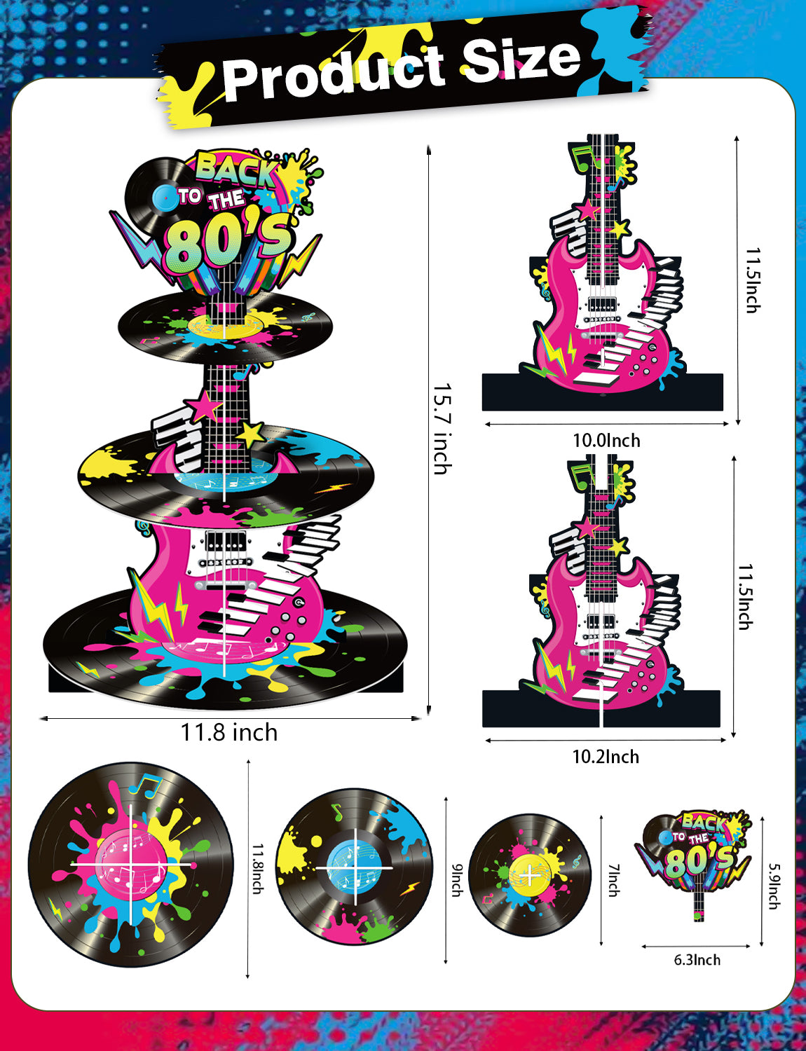 3 Tier Cupcake Stand, 80s Cupcake Holder for 80's Party Decor Large Cardboard Cupcake Stand for Dessert Table Display, Retro 1980s Cupcake Holder for Hip Hop Rock Music 80s Birthday Decor