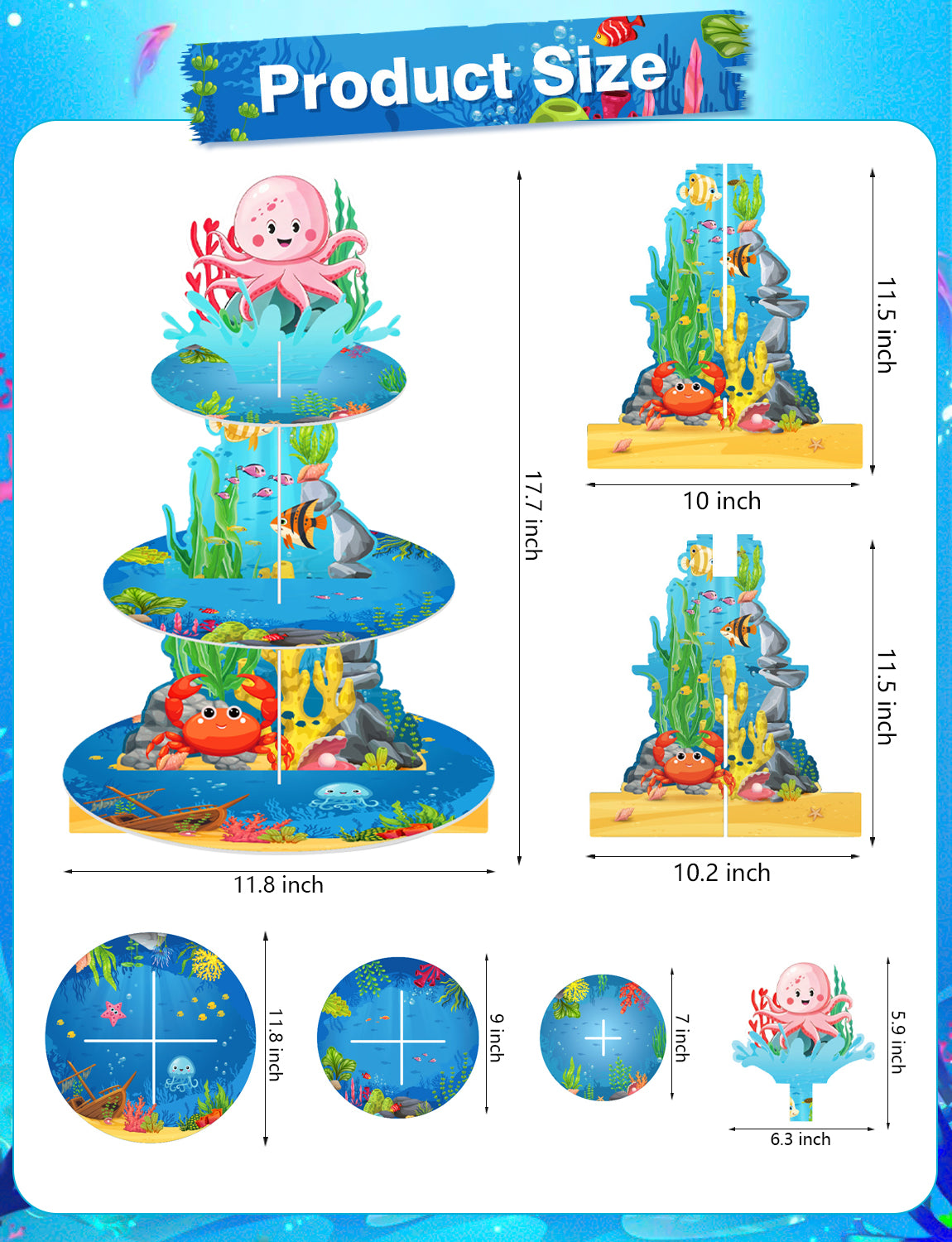 3 Tier Cupcake Stand, Ocean Cupcake Holder for Party Decorations Under the Sea Cup Cake Stand for Dessert Table Display, Cardboard Cupcake Stand for Shark Mermaid Baby Shower Birthday Decor