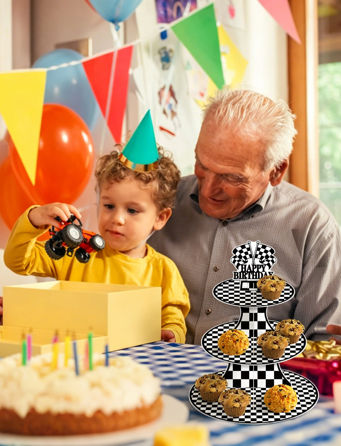 Race Car Cupcake Stand, 3-Tier Checkered Cake Stand for Birthday Large Cardboard Cupcake Stand, Black White Checkered Cupcake Holder for Dessert Table Display, Race Car Birthday Party Decor