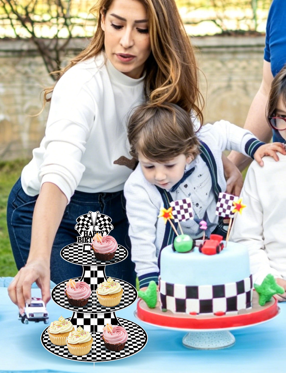 Race Car Cupcake Stand, 3-Tier Checkered Cake Stand for Birthday Large Cardboard Cupcake Stand, Black White Checkered Cupcake Holder for Dessert Table Display, Race Car Birthday Party Decor