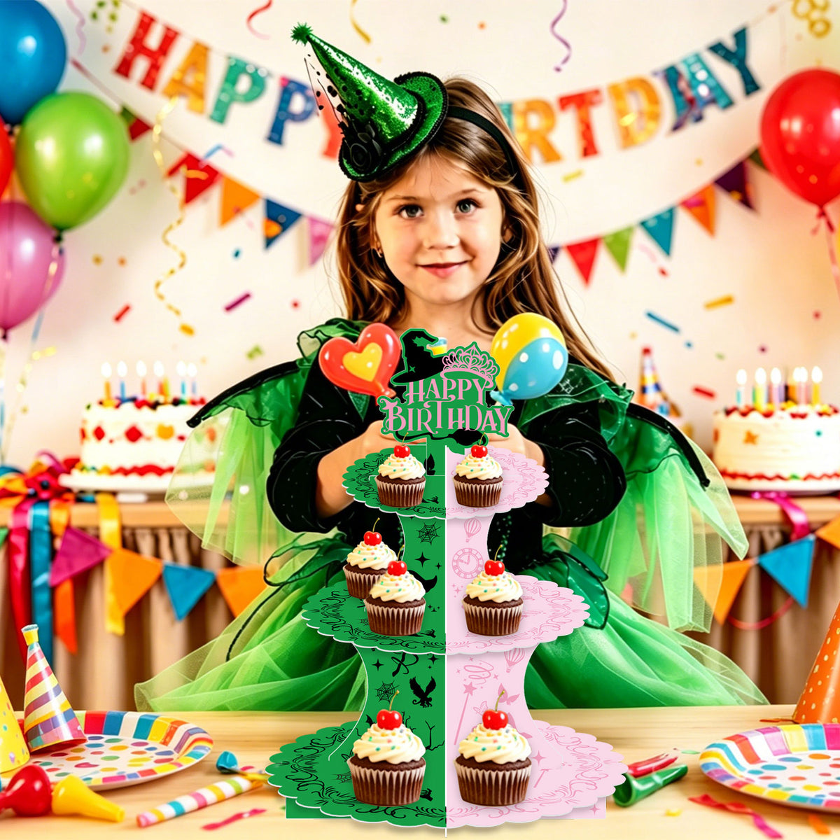 3 Tiers Witch Cupcake Stand, Pink Green Cake Stand for Birthday Witch CupCake Holder Stand, Large Cardboard Cupcake Stand for Dessert Table Displays, Witch Birthday Party Decorations