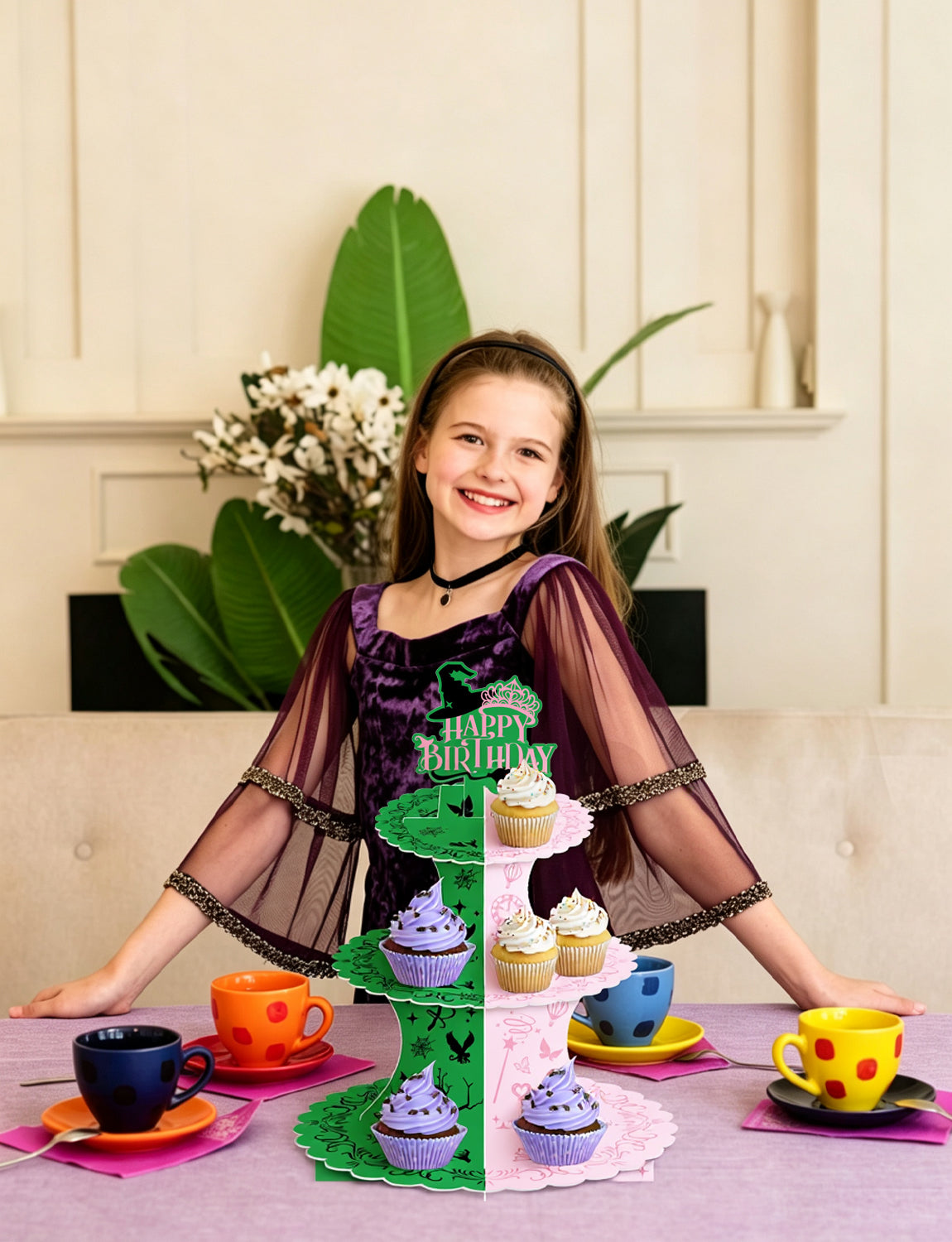 3 Tiers Witch Cupcake Stand, Pink Green Cake Stand for Birthday Witch CupCake Holder Stand, Large Cardboard Cupcake Stand for Dessert Table Displays, Witch Birthday Party Decorations