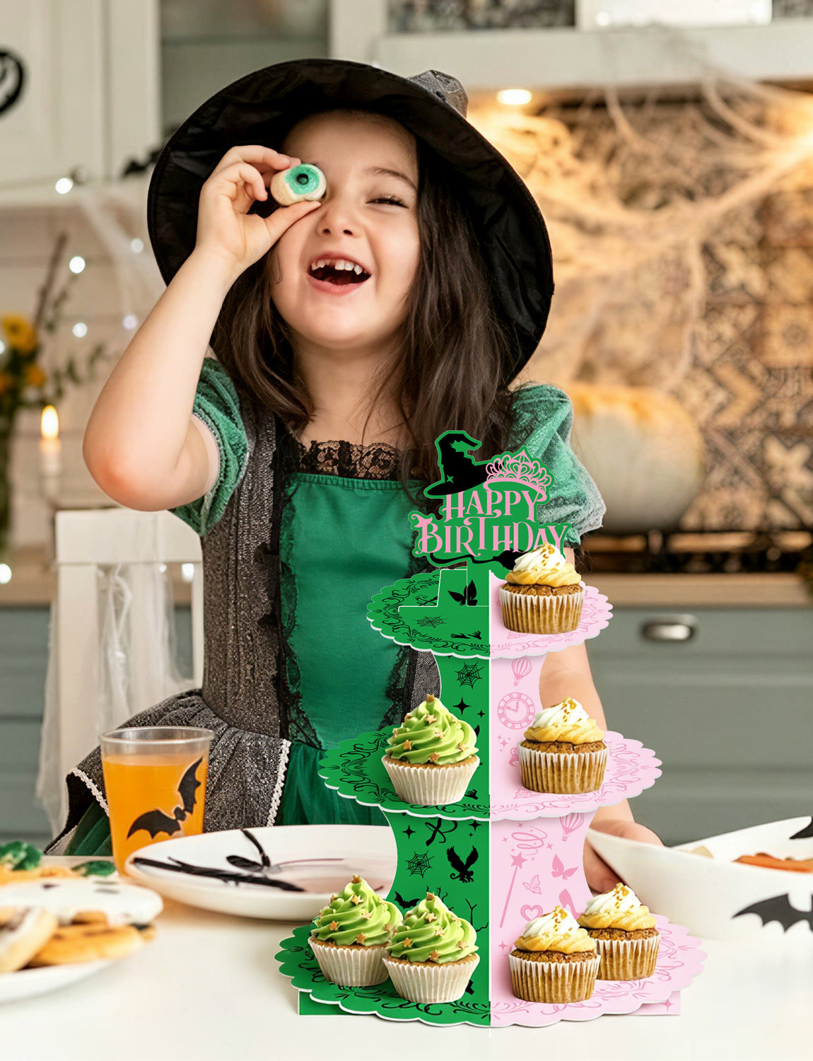 3 Tiers Witch Cupcake Stand, Pink Green Cake Stand for Birthday Witch CupCake Holder Stand, Large Cardboard Cupcake Stand for Dessert Table Displays, Witch Birthday Party Decorations