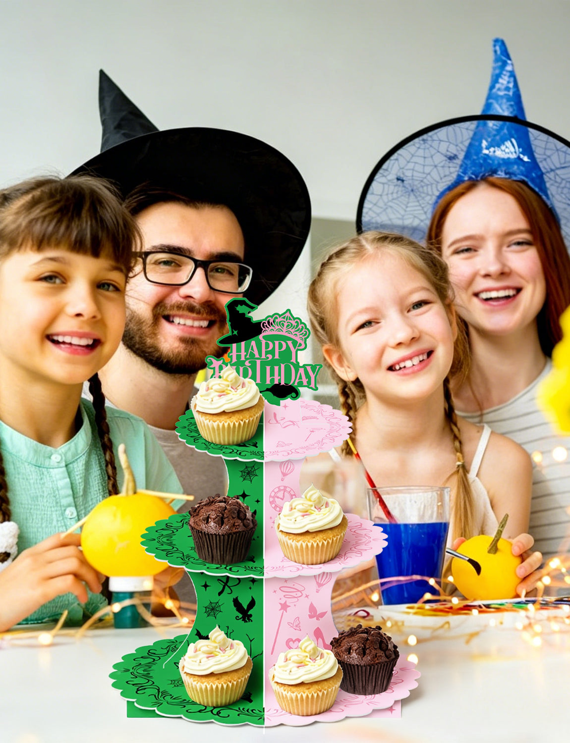 3 Tiers Witch Cupcake Stand, Pink Green Cake Stand for Birthday Witch CupCake Holder Stand, Large Cardboard Cupcake Stand for Dessert Table Displays, Witch Birthday Party Decorations