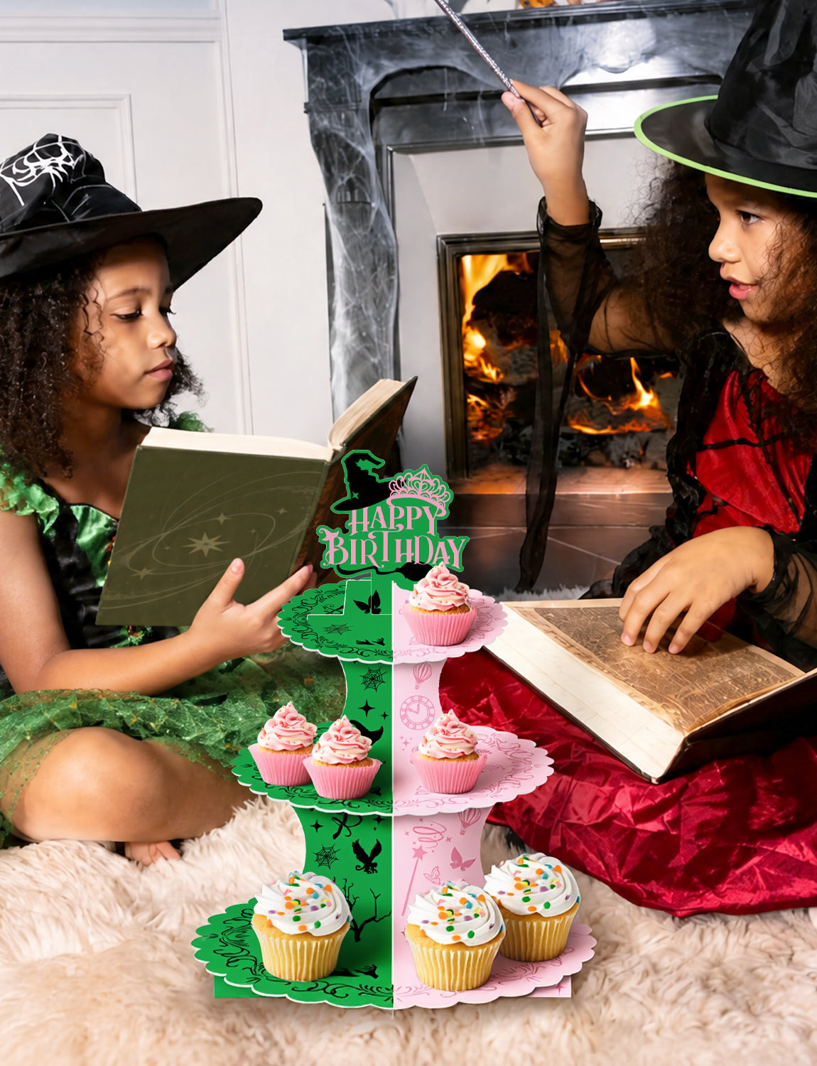 3 Tiers Witch Cupcake Stand, Pink Green Cake Stand for Birthday Witch CupCake Holder Stand, Large Cardboard Cupcake Stand for Dessert Table Displays, Witch Birthday Party Decorations