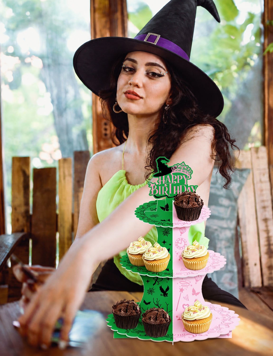 3 Tiers Witch Cupcake Stand, Pink Green Cake Stand for Birthday Witch CupCake Holder Stand, Large Cardboard Cupcake Stand for Dessert Table Displays, Witch Birthday Party Decorations