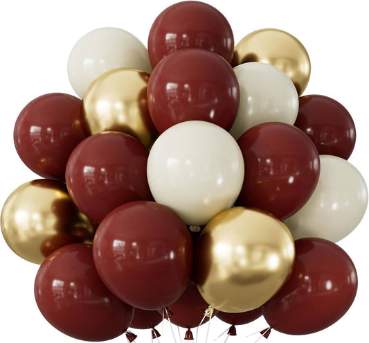 Burgundy and Gold Balloons - Maroon Balloons 12 Inch Glitter Metallic Gold Balloon White Sand Latex Balloon for Wedding Bridal Shower Birthday Anniversary Wine Party Decorations, 50 PCS