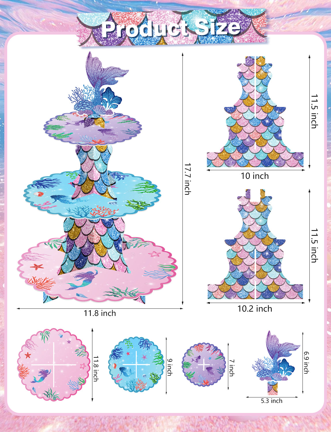 3 Tier Mermaid Cupcake Stand, Mermaid Birthday Party Decorations Mermaid Cupcake Holder for Dessert Table Display, Large Cardboard Cupcake Stand for Baby Shower, Under The Sea Party Supplies