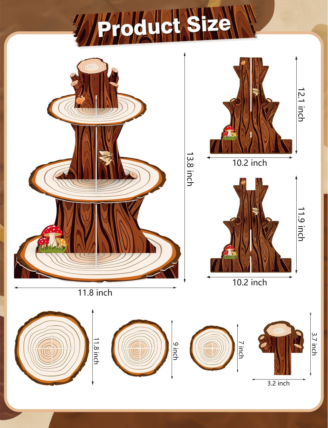 Woodland Cupcake Stand, Cake Stand for Dessert Table Display 3 Tier Rustic Cake Stand, Large Cardboard Cupcake Holder for Woodland Birthday, Safari, Baby Shower and Camping Decor
