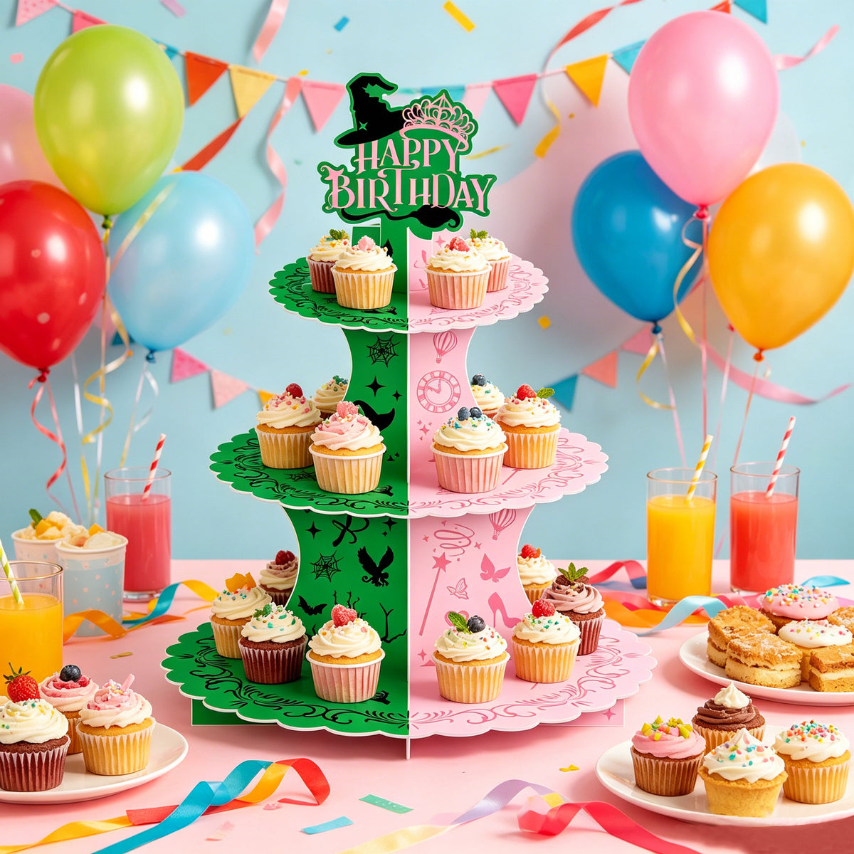 3 Tiers Witch Cupcake Stand, Pink Green Cake Stand for Birthday Witch CupCake Holder Stand, Large Cardboard Cupcake Stand for Dessert Table Displays, Witch Birthday Party Decorations