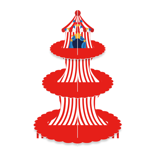 3 Tier Cupcake Stand, Circus Carnival Cupcake Holder for Birthday Circus Tent Cake Stand for Dessert Table Displays, Red White Cardboard Cupcake Stand for Baby Shower and Circus Party Decor