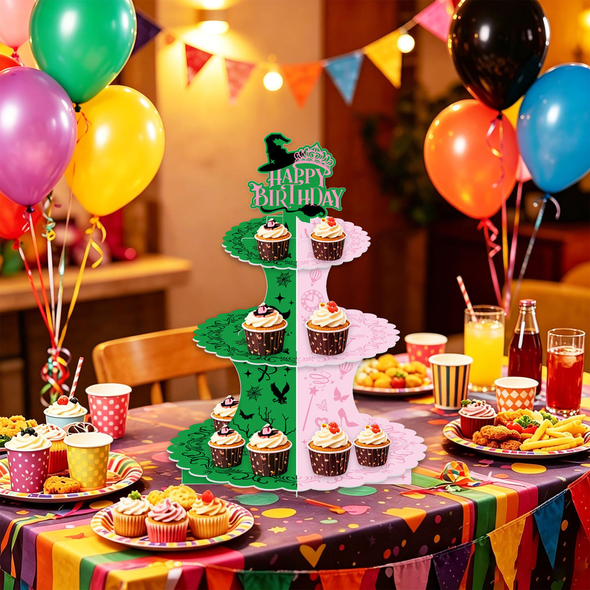 3 Tiers Witch Cupcake Stand, Pink Green Cake Stand for Birthday Witch CupCake Holder Stand, Large Cardboard Cupcake Stand for Dessert Table Displays, Witch Birthday Party Decorations