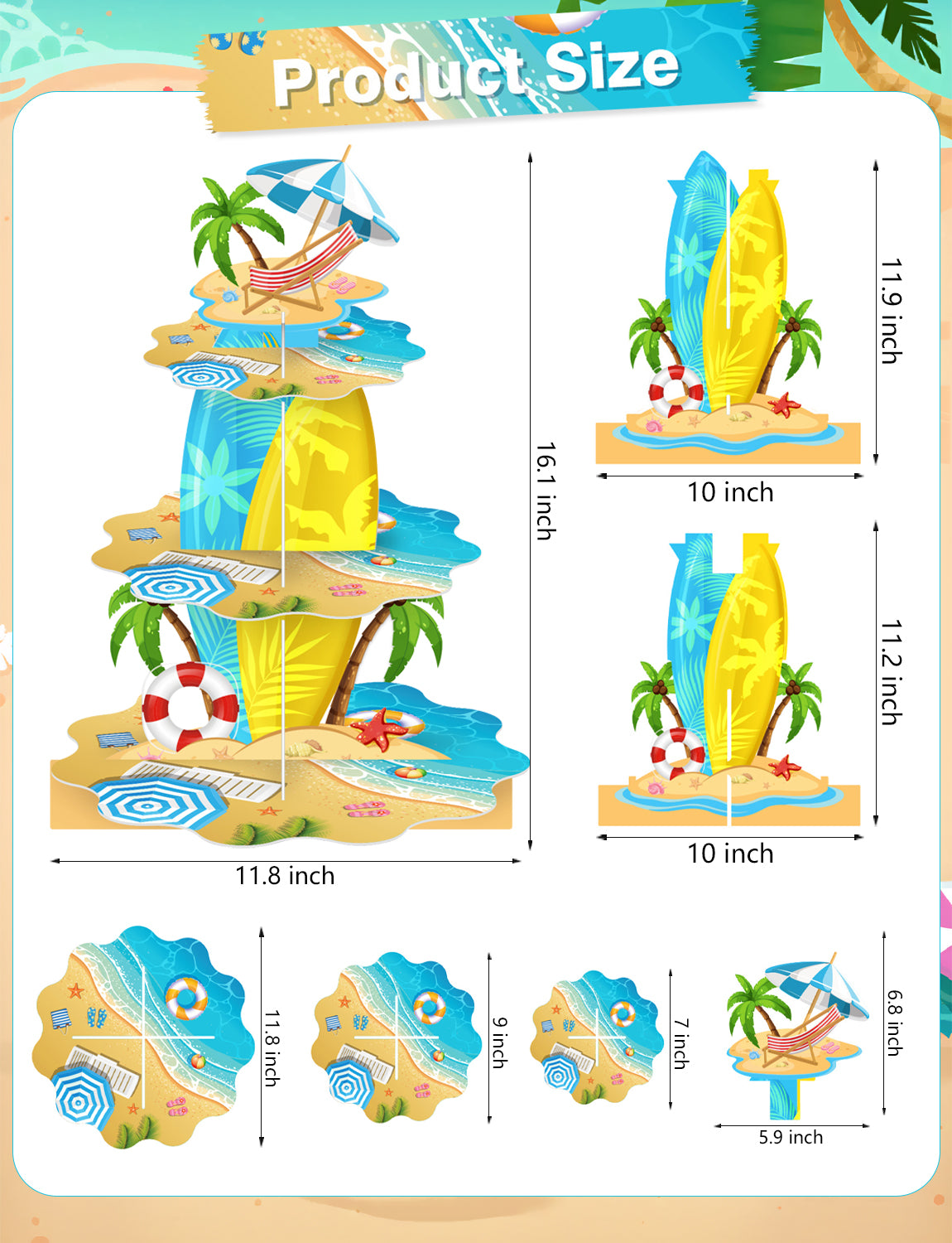 3 Tier Summer Beach Cupcake Stand, Hawaiian Cupcake Holder Stand Large Cardboard Cupcake Stand for Dessert Table Displays, Pool Cup cake Stand for Birthday Baby Shower Beach Tropical Decor