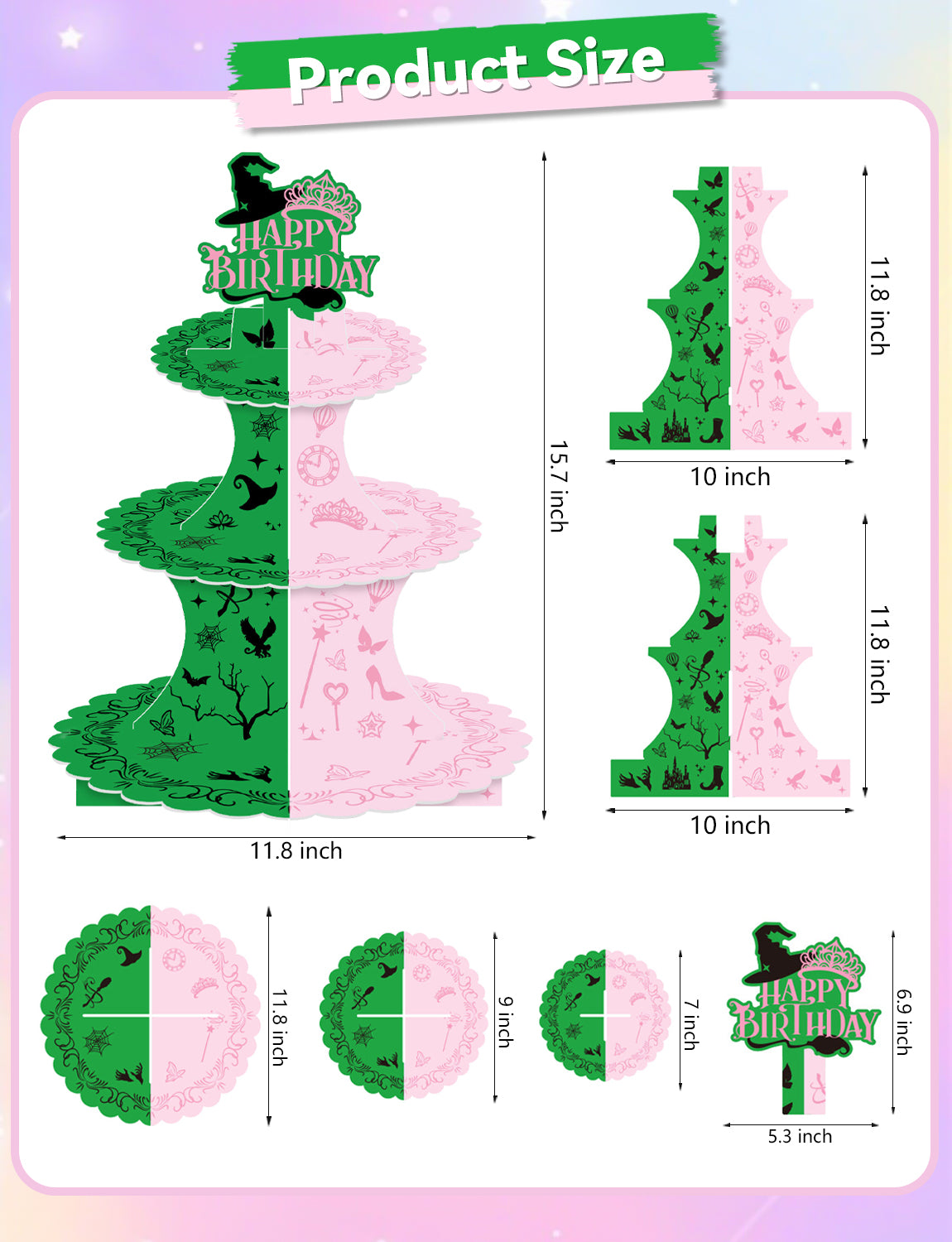 3 Tiers Witch Cupcake Stand, Pink Green Cake Stand for Birthday Witch CupCake Holder Stand, Large Cardboard Cupcake Stand for Dessert Table Displays, Witch Birthday Party Decorations