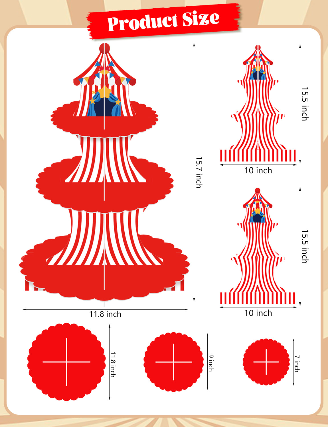 3 Tier Cupcake Stand, Circus Carnival Cupcake Holder for Birthday Circus Tent Cake Stand for Dessert Table Displays, Red White Cardboard Cupcake Stand for Baby Shower and Circus Party Decor
