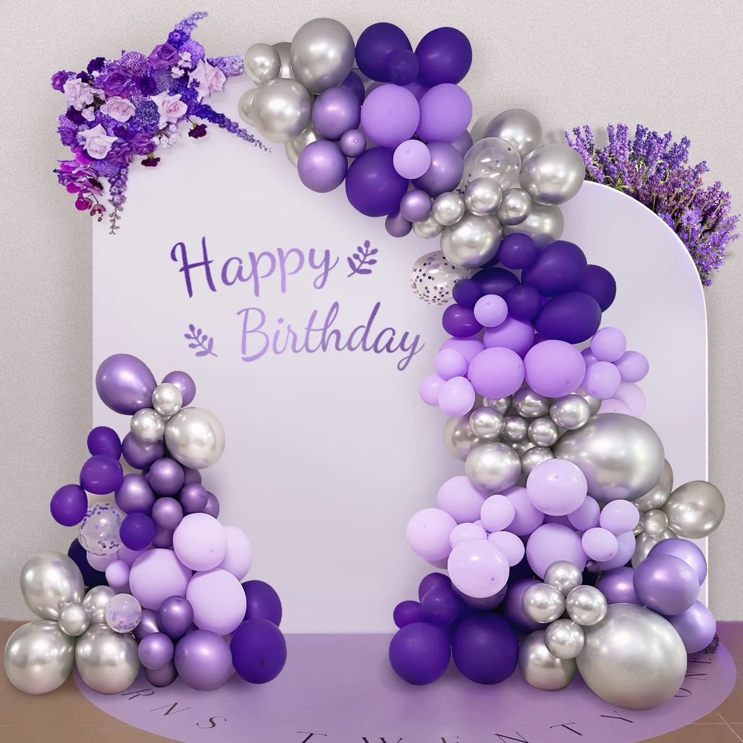 Haolongfa Purple and Silver Balloons Garland kit 135pcs Lavender Arch Balloons,Dark Confetti Metallic macaron Purple Butterfly Balloons,for Wedding Birthday Baby Shower Graduation Party Decorations Supplies