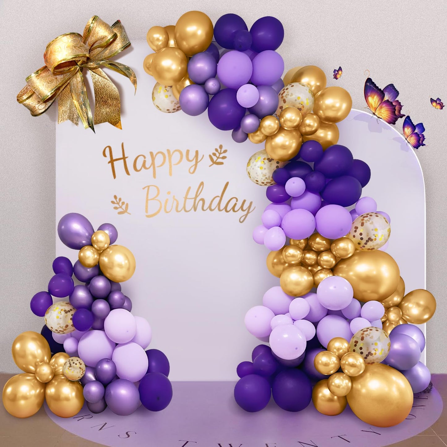 Haolongfa Purple Gold Balloon Arch kit 135pcs Gold Arch Balloons,Dark Confetti Metallic pastel Macaron Purple Butterfly Balloons,for Wedding Birthday Baby Shower Graduation Party Decorations Supplies…