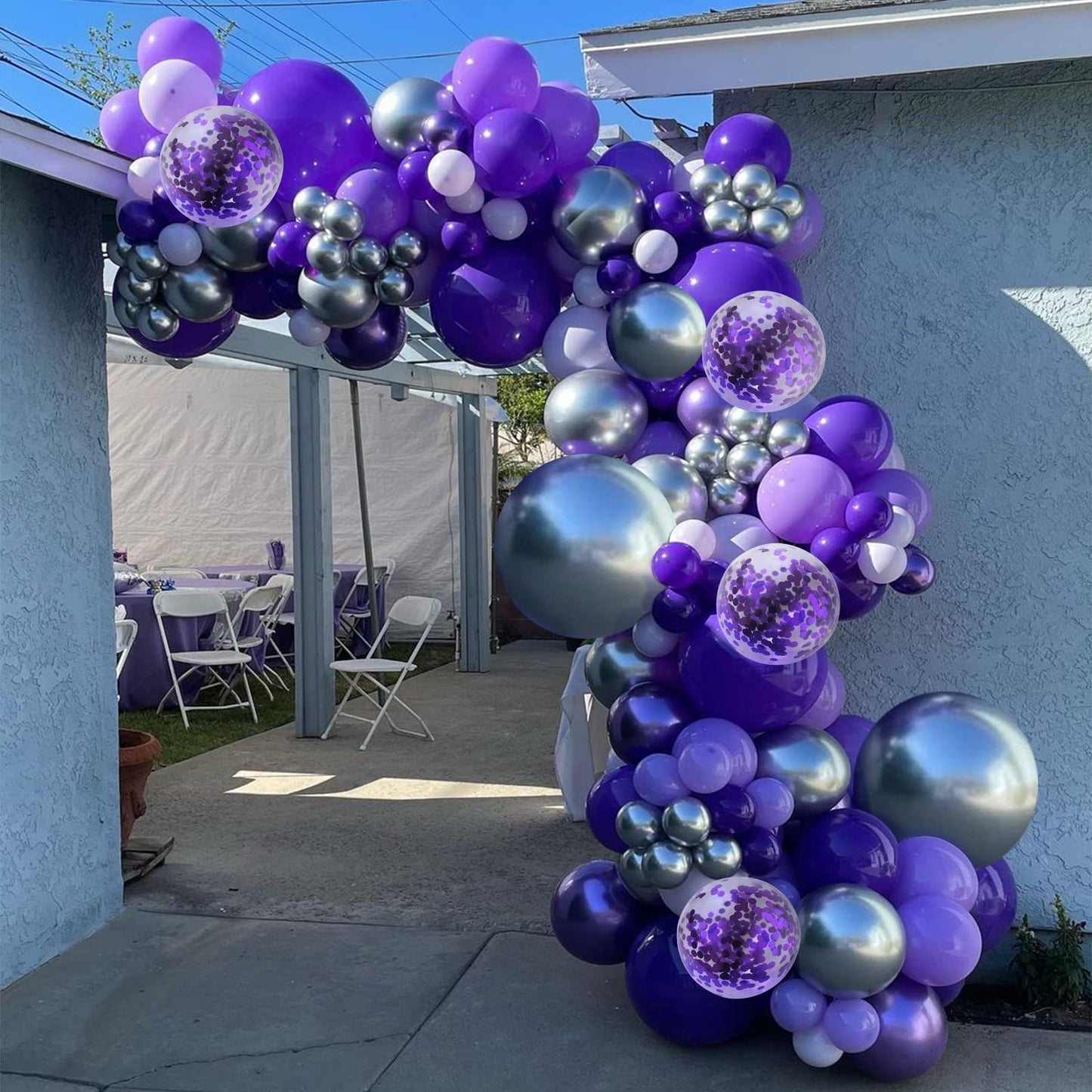 Haolongfa Purple and Silver Balloons Garland kit 135pcs Lavender Arch Balloons,Dark Confetti Metallic macaron Purple Butterfly Balloons,for Wedding Birthday Baby Shower Graduation Party Decorations Supplies