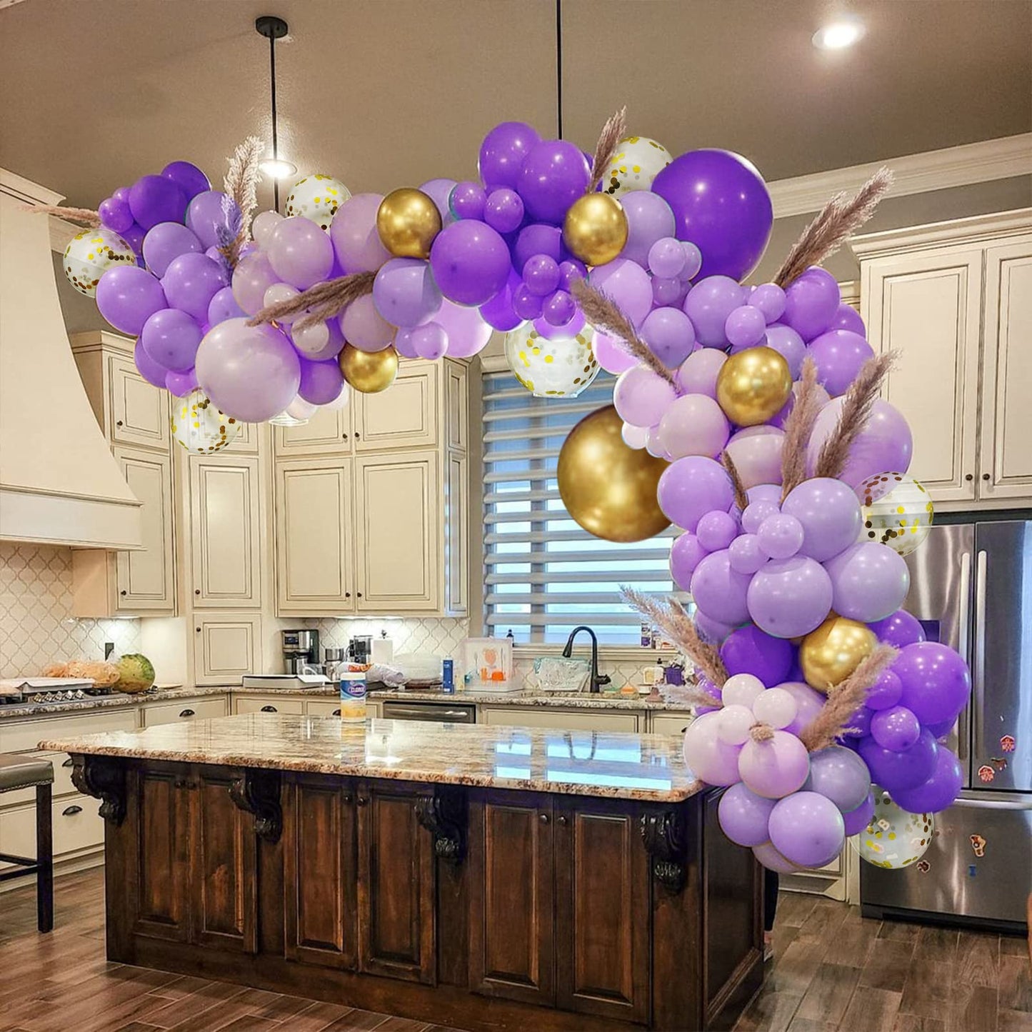 Haolongfa Purple Gold Balloon Arch kit 135pcs Gold Arch Balloons,Dark Confetti Metallic pastel Macaron Purple Butterfly Balloons,for Wedding Birthday Baby Shower Graduation Party Decorations Supplies…