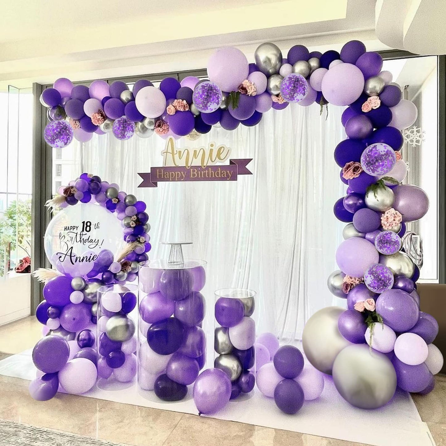 Haolongfa Purple and Silver Balloons Garland kit 135pcs Lavender Arch Balloons,Dark Confetti Metallic macaron Purple Butterfly Balloons,for Wedding Birthday Baby Shower Graduation Party Decorations Supplies